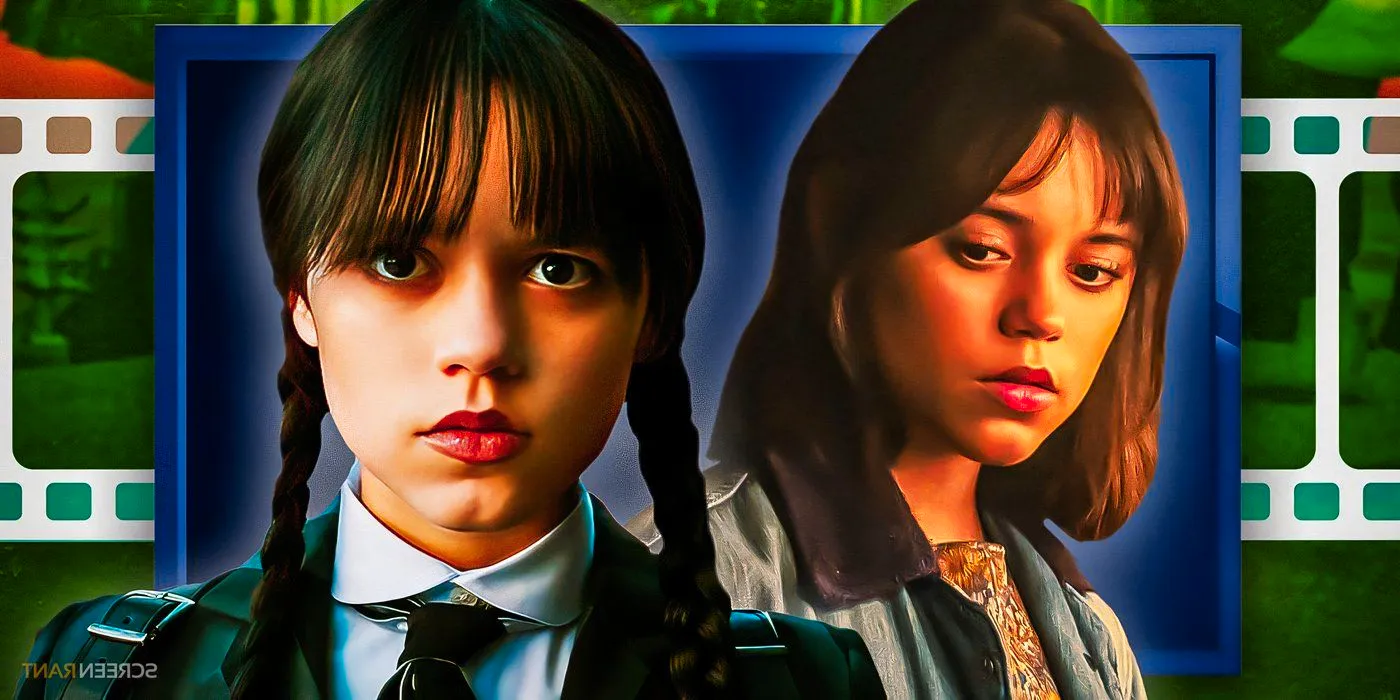 Jenna Ortega as Astrid in Beetlejuice 2 and as Wednesday with film reel in background Image