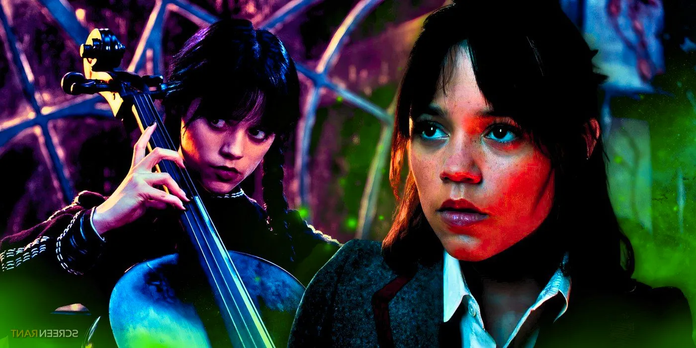 Jenna Ortega as Astrid in Beetlejuice 2 next to the actress portraying Wednesday playing cello Image