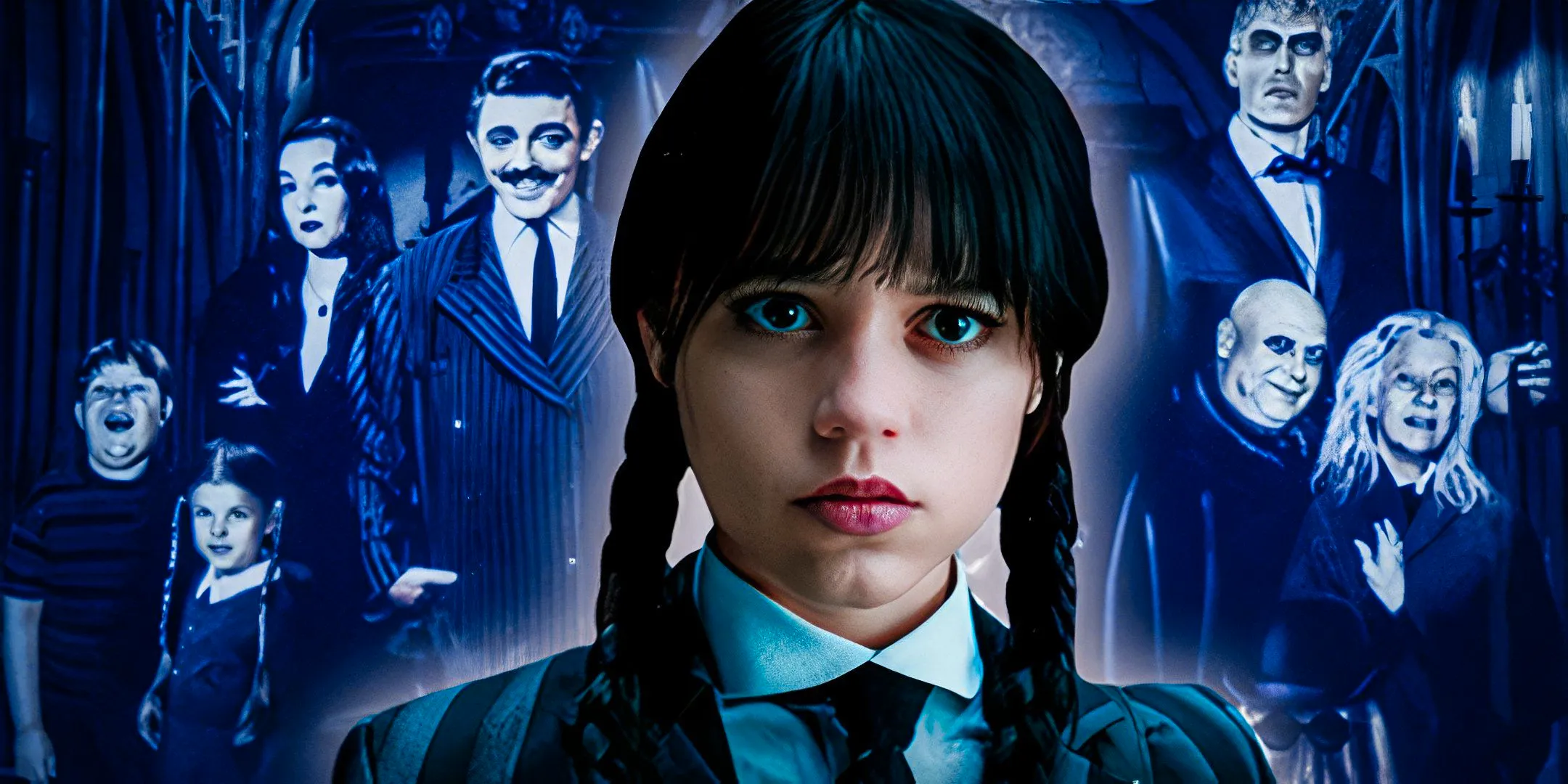 Jenna Ortega as Wednesday Addams from Wednesday with the Addams Family from the 1960s sitcom Image