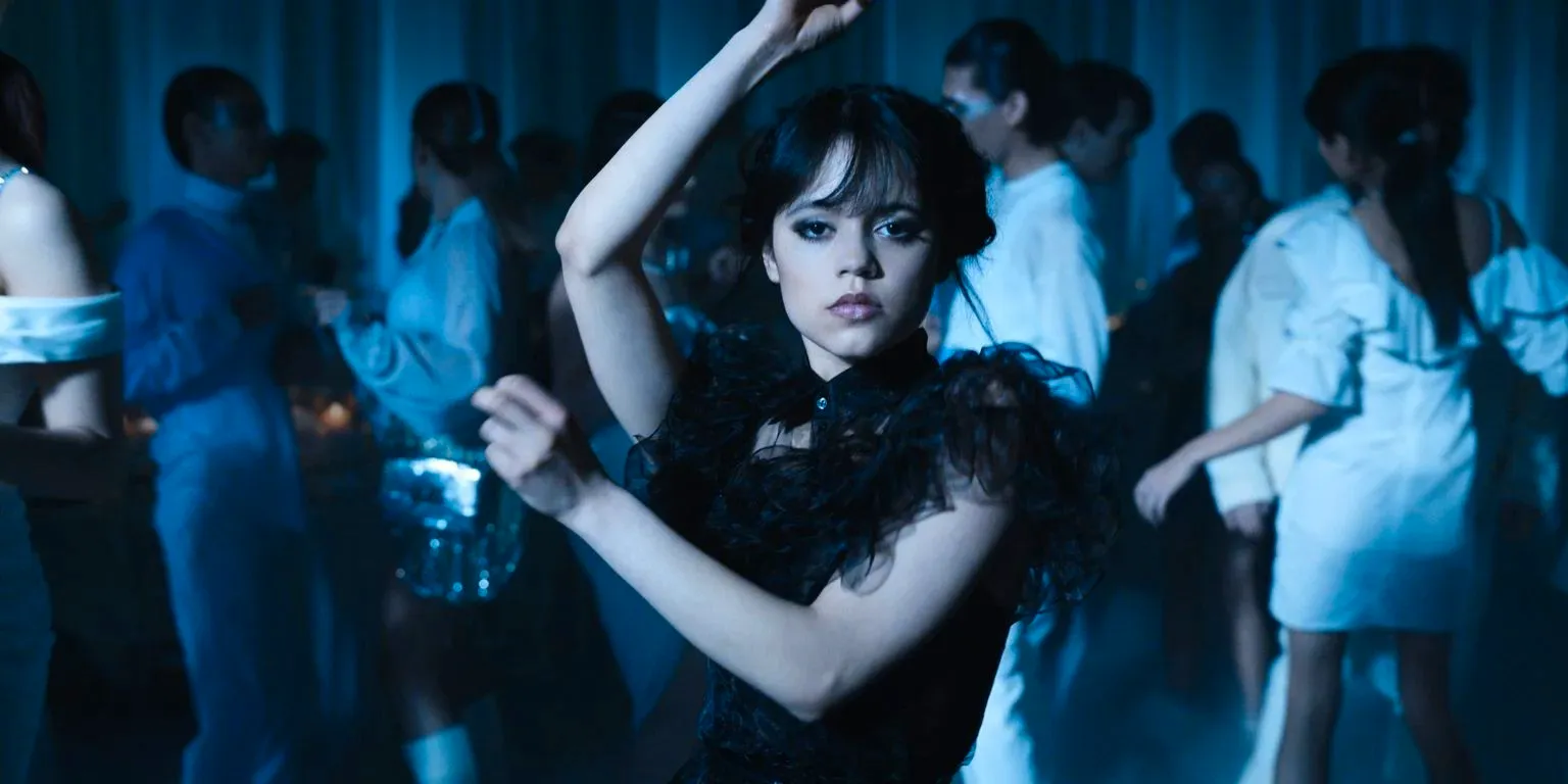 Jenna Ortega dancing in a black dress in Wednesday Image