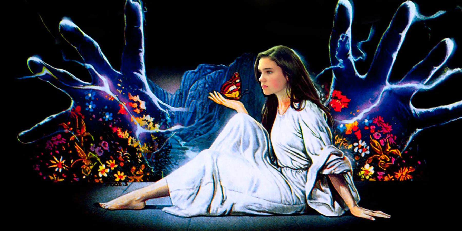 Jennifer Corvino (Jennifer Connelly) on the cover of Phenomena, sitting in a white gown with magical hands coming at her. Image