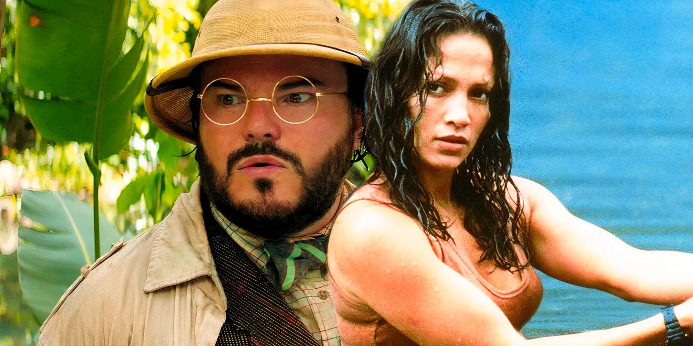 Jennifer Lopez in the water in Anaconda next to Jack Black looking surprised in Jumanji The Next Level Image