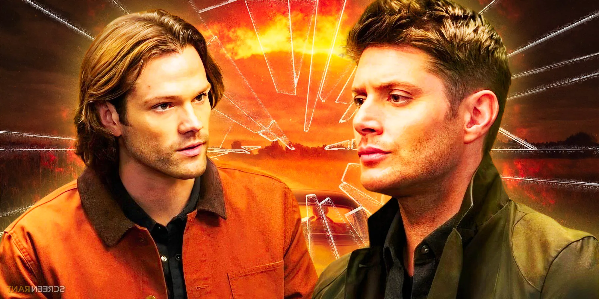 Jensen Ackles as Dean Winchester and Jared Padalecki as Sam from Supernatural in front of broken glass. Image