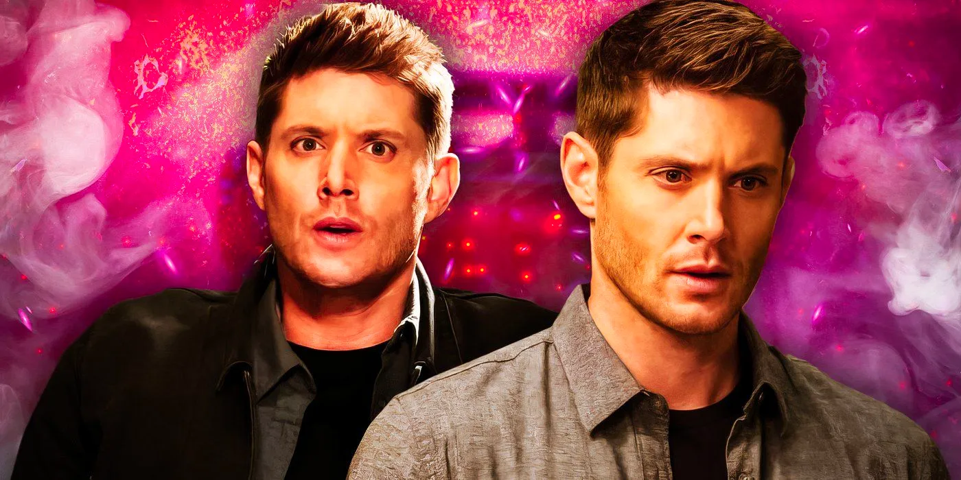 Jensen Ackles as Dean Winchester in front of a pink background Image