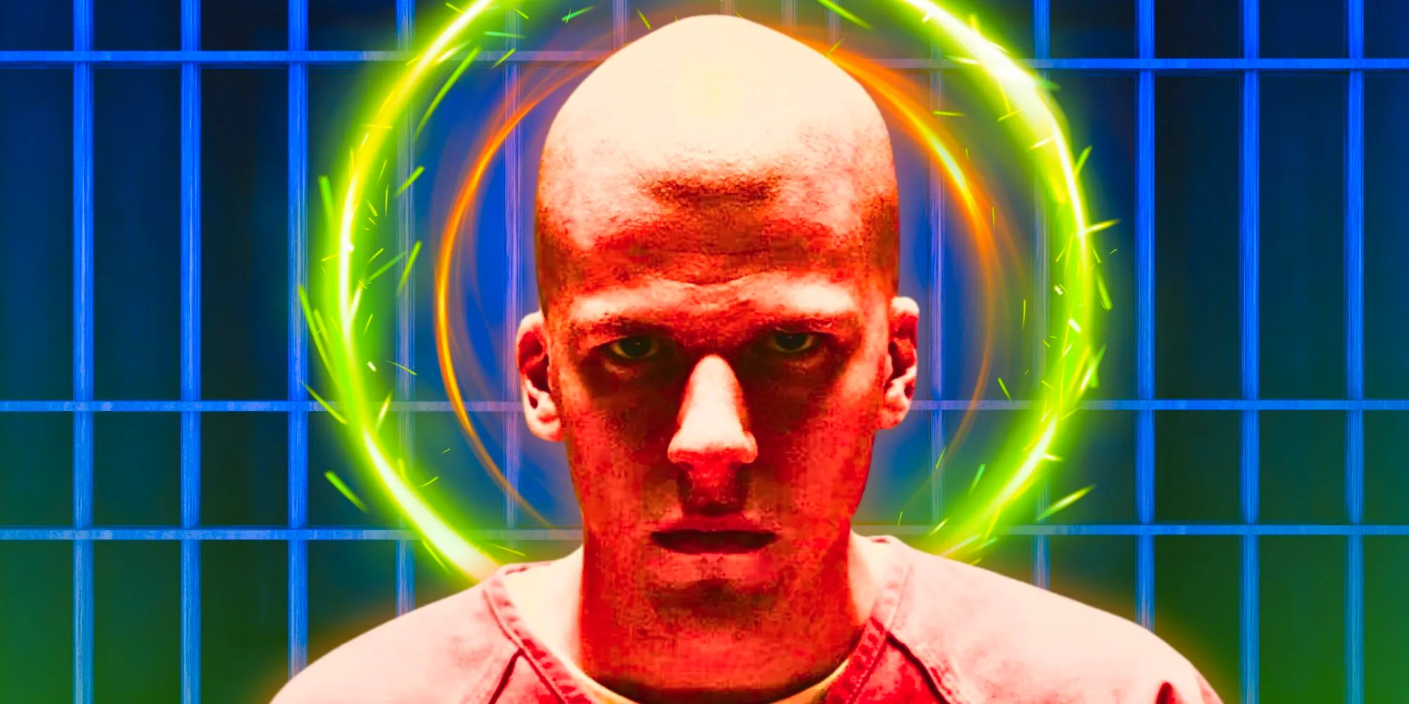 Jese Eisenberg looking serious as Lex Luthor with a halo in his background Image