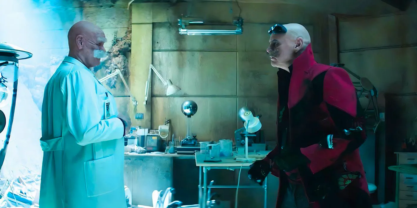 Jim Carrey as both Dr. Eggman and Dr. Gerald Robotnik looking at each other in Sonic the Hedgehog 3 Image