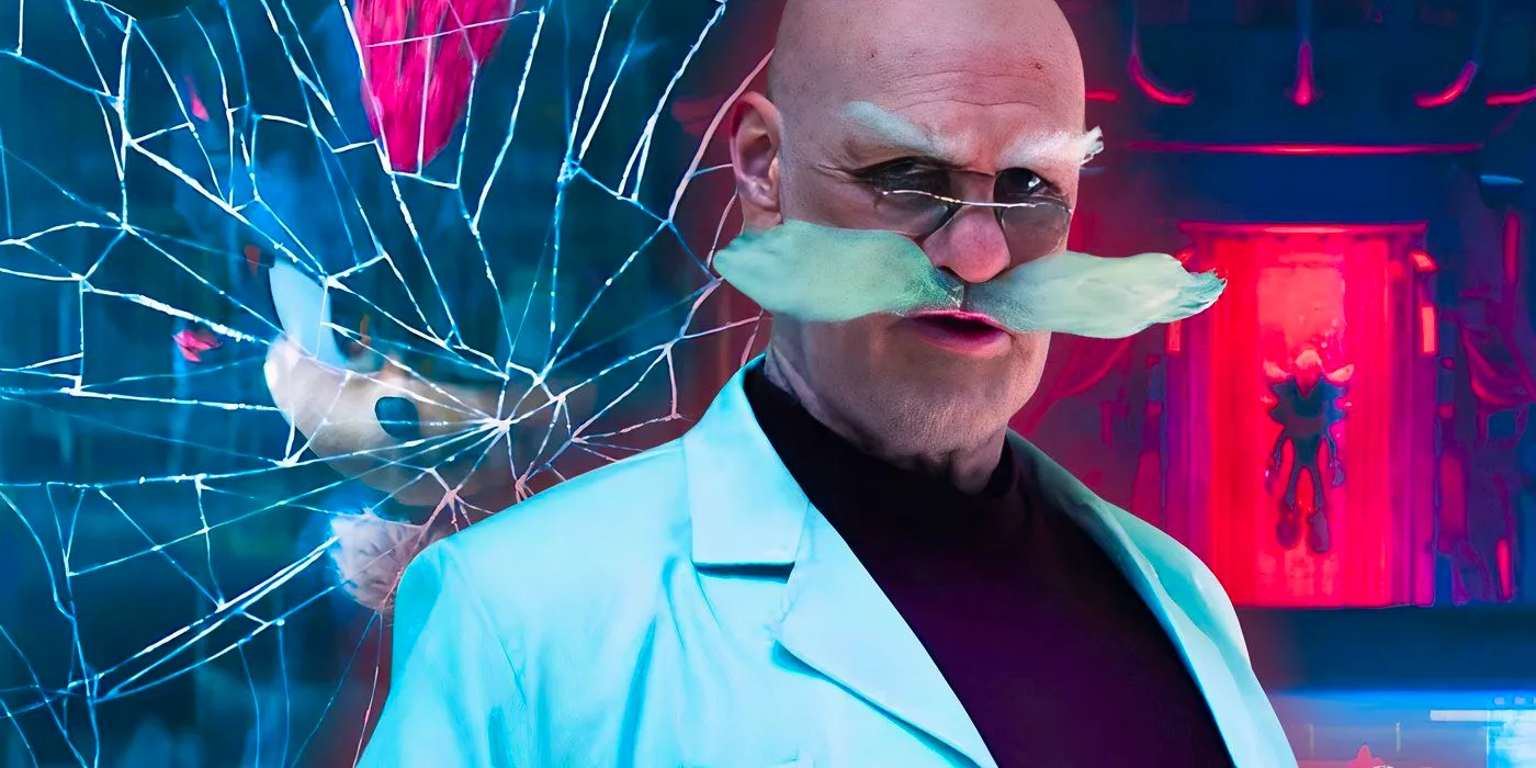 Jim Carrey as Dr. Gerald Robotnik looking serious with images of Shadow (Keanu Reeves) behind him in Sonic the Hedgehog 3 Image