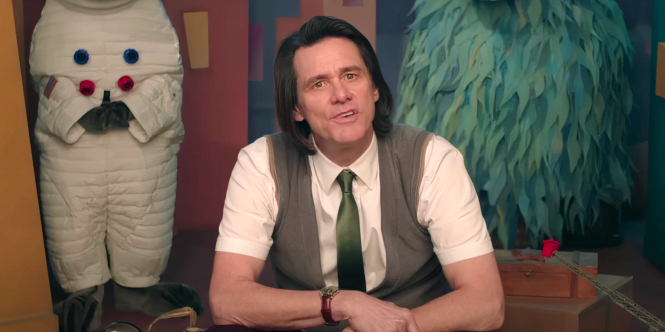 Jim Carrey as Mr. Pickles talking to the camera in Kidding season 1 Image