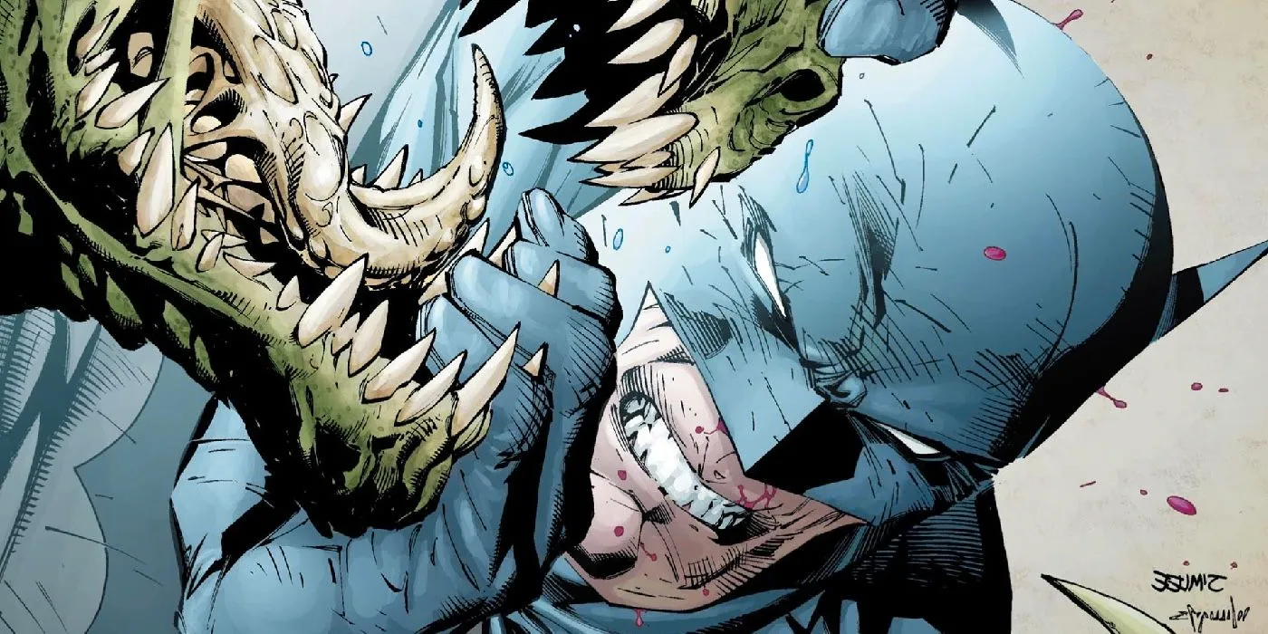 Jim Lee's Batman and Killer Croc fight as Batman tries to not get eaten Image