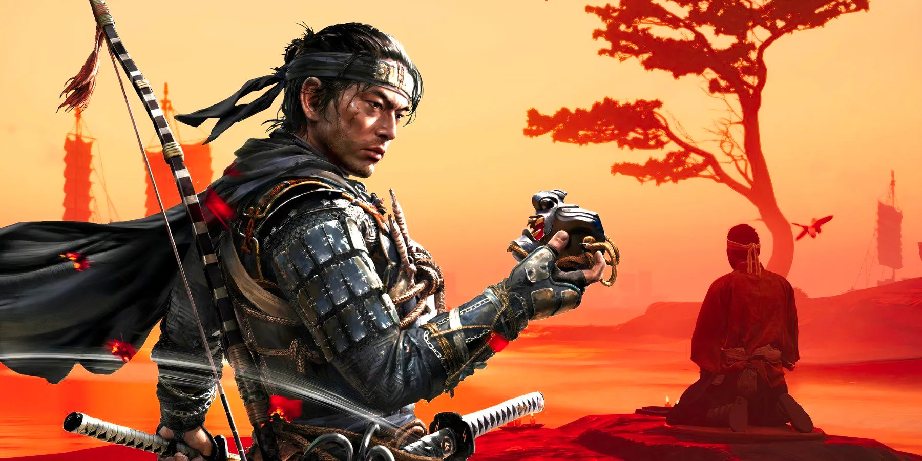 Jin kneels on a rock under a tree, looking out at two ships sailing past an orange sunset in a screenshot from Ghost of Tsushima. Image