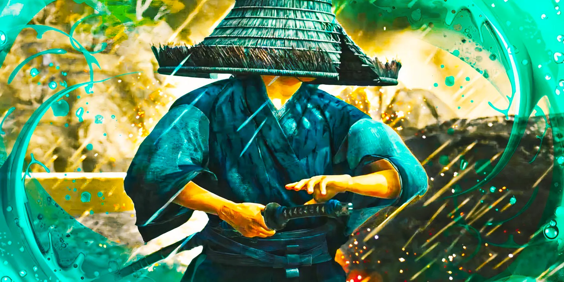 Jin sheething a katana against a swirling blue and yellow backdrop in Ghost of Tsushima Image