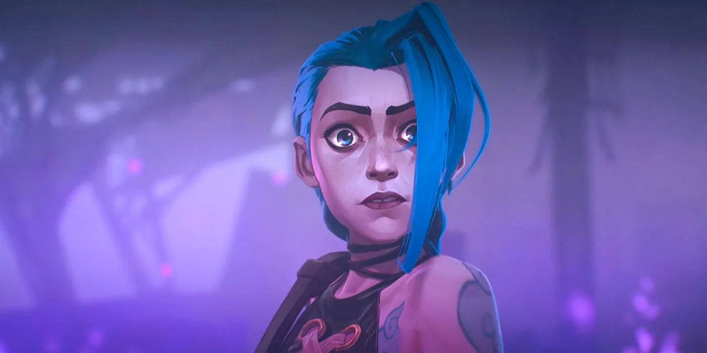 Jinx looking confused while staring into the camera in Arcane Image