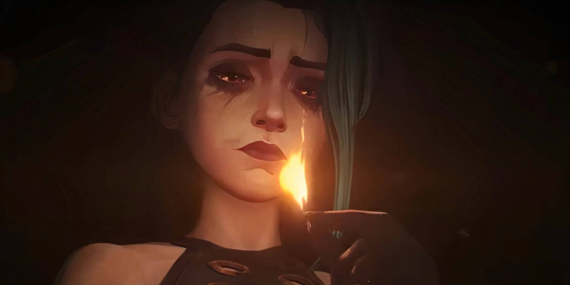 Jinx looks sadly at a lit match in Arcane season 2 Image