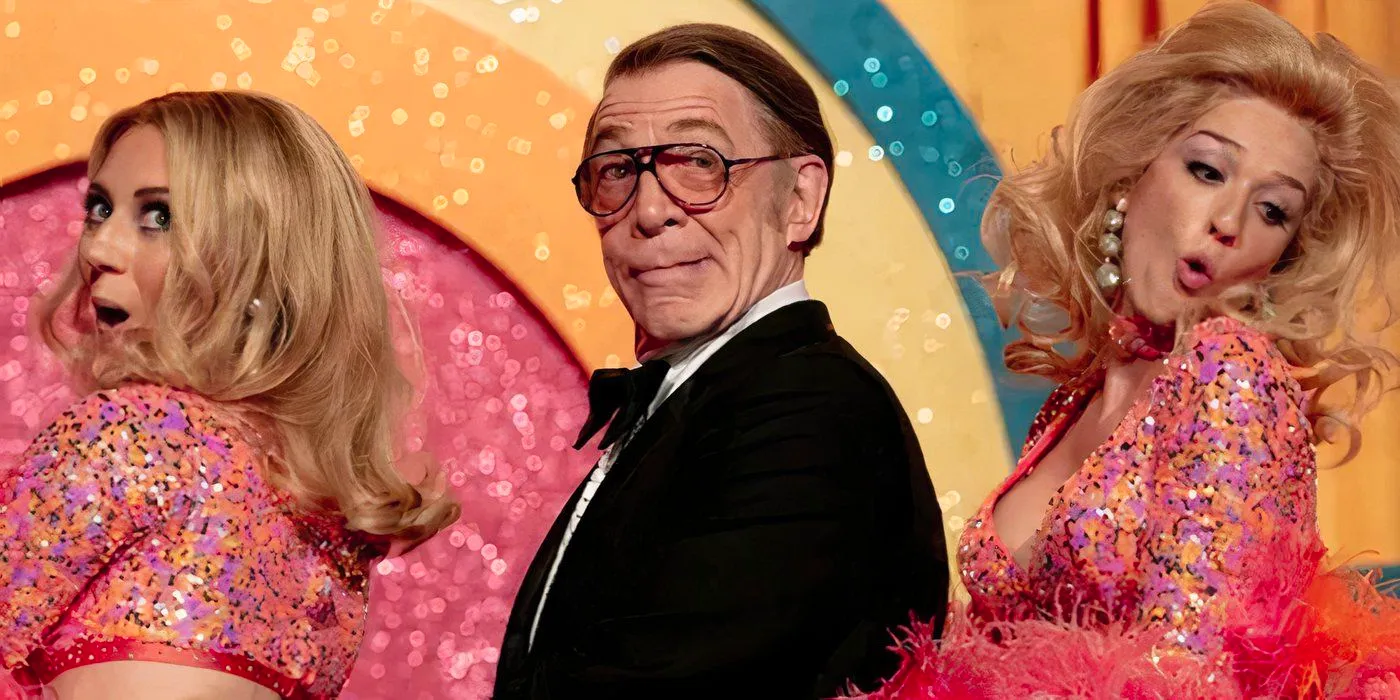 J.K. Simmons as Milton Berle looking pleased while standing between two female dancers in Saturday Night Image