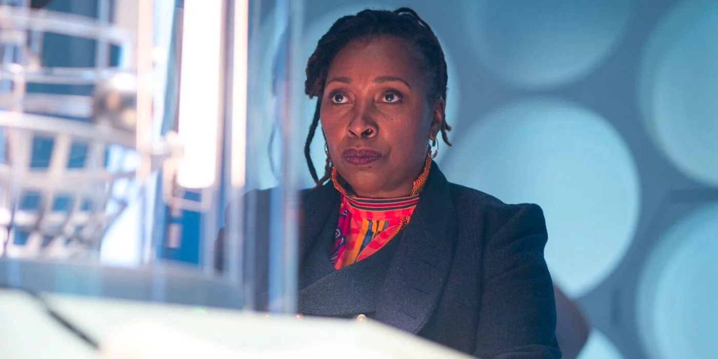 Jo Martin as the Fugitive Doctor in her TARDIS in Doctor Who. Image