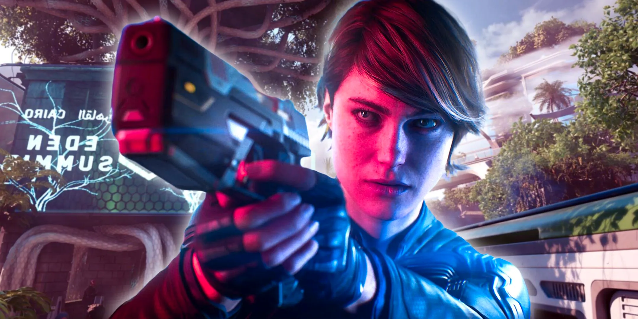 Joanna Dark pointing a gun in the Perfect Dark reboot in front of a solarpunk backrground. Image