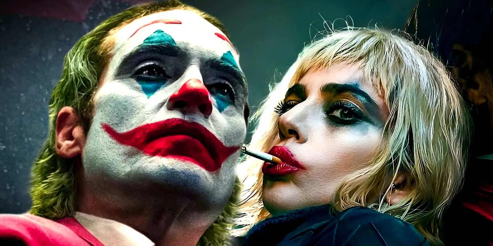 Joaquin Phoenix's Arthur Fleck standing in the rain next to Lady Gaga's Harley Quinn smoking in Joker: Folie a Deux Image