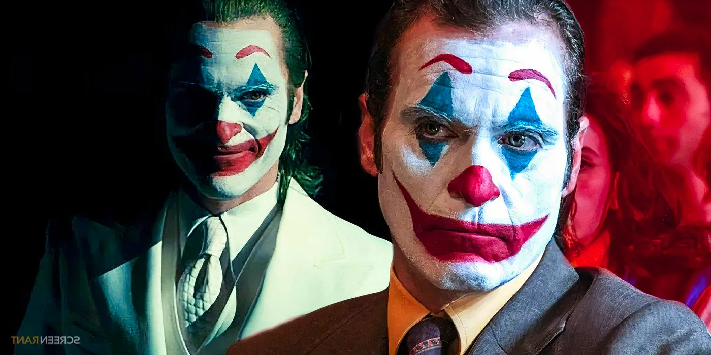 Joaquin Phoenix's Joker looking angry at the Joker dressed in a white suit with darkness around him Image