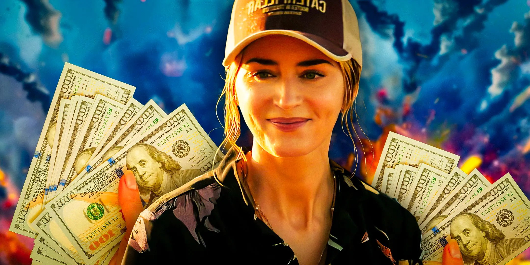 Jody Moreno (Emily Blunt) in The Fall Guy against a background with many hundred-dollar bills. Image