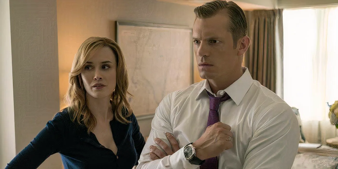 Joel Kinnaman plays Will Conway in House of Cards. He is shown here looking shocked, with his wife beside him.  Image