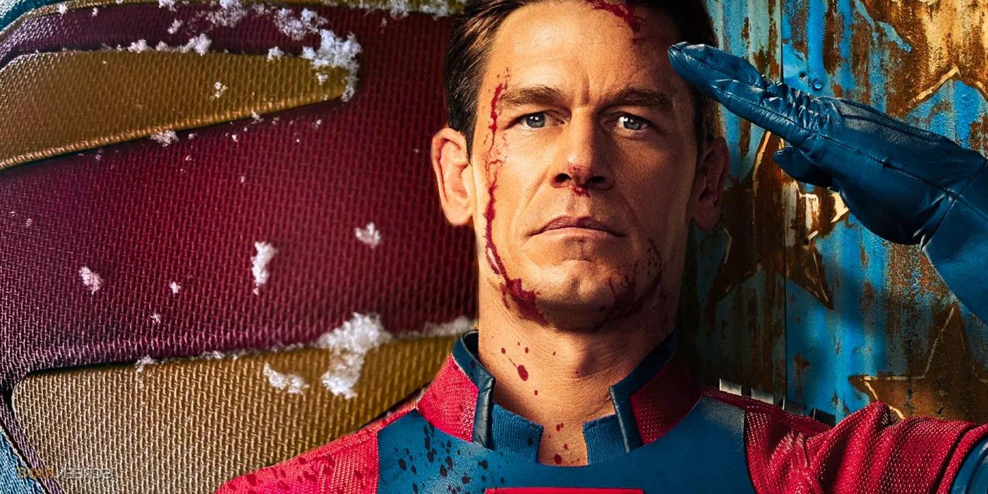 John Cena as Peacemaker with the new Superman logo from James Gunn's DC Universe reboot Image