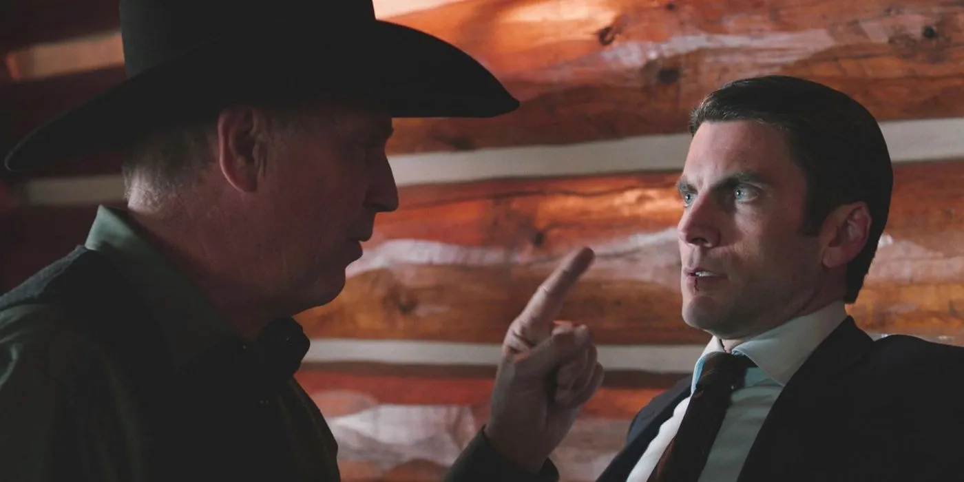 John Dutton (Kevin Costner) yelling at a frightened Jamie (Wes Bentley) in Yellowstone. copy Image