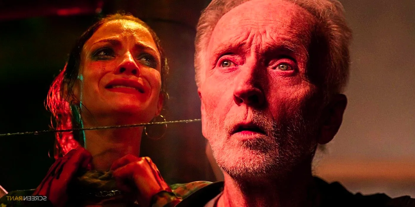 John Kramer in Saw X looks blankly composited over an image of a person in a trap Image