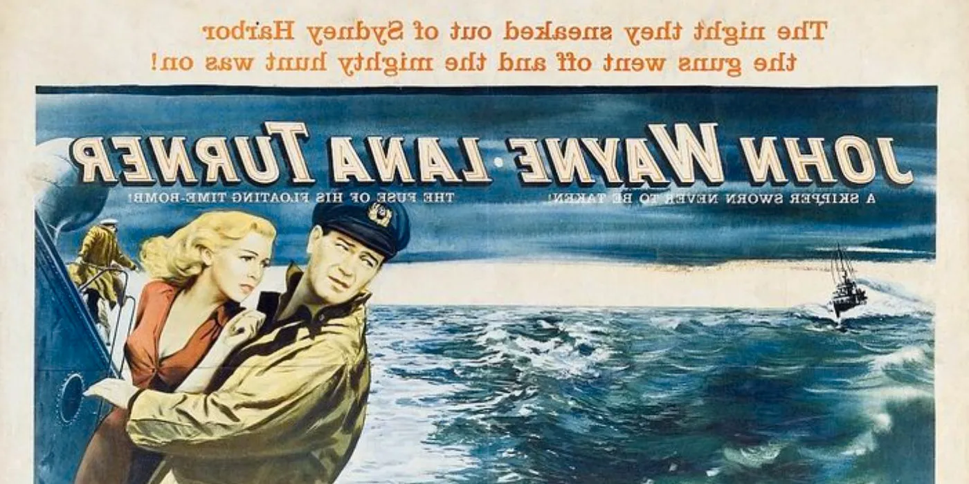 John Wayne and Lana Turner on The Sea Chase poster. Image