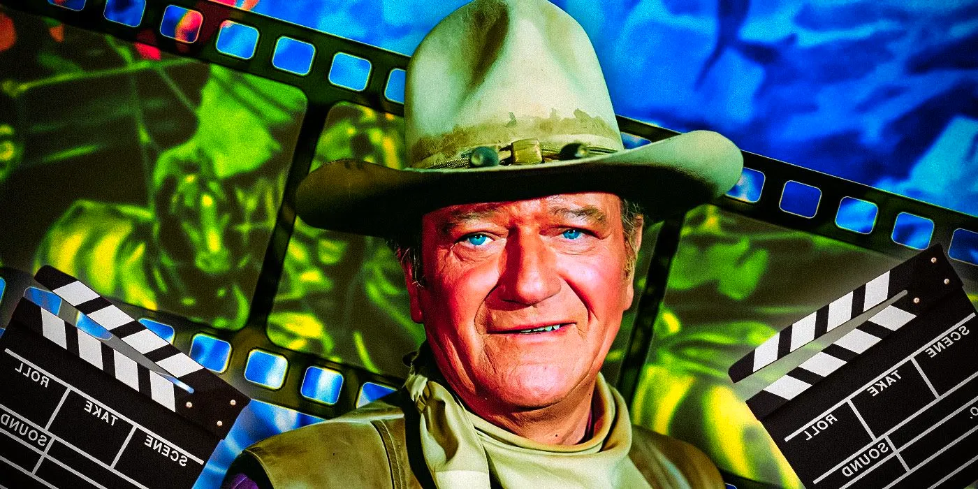 John Wayne in The Cowboys against a background of film and clapper boards Image