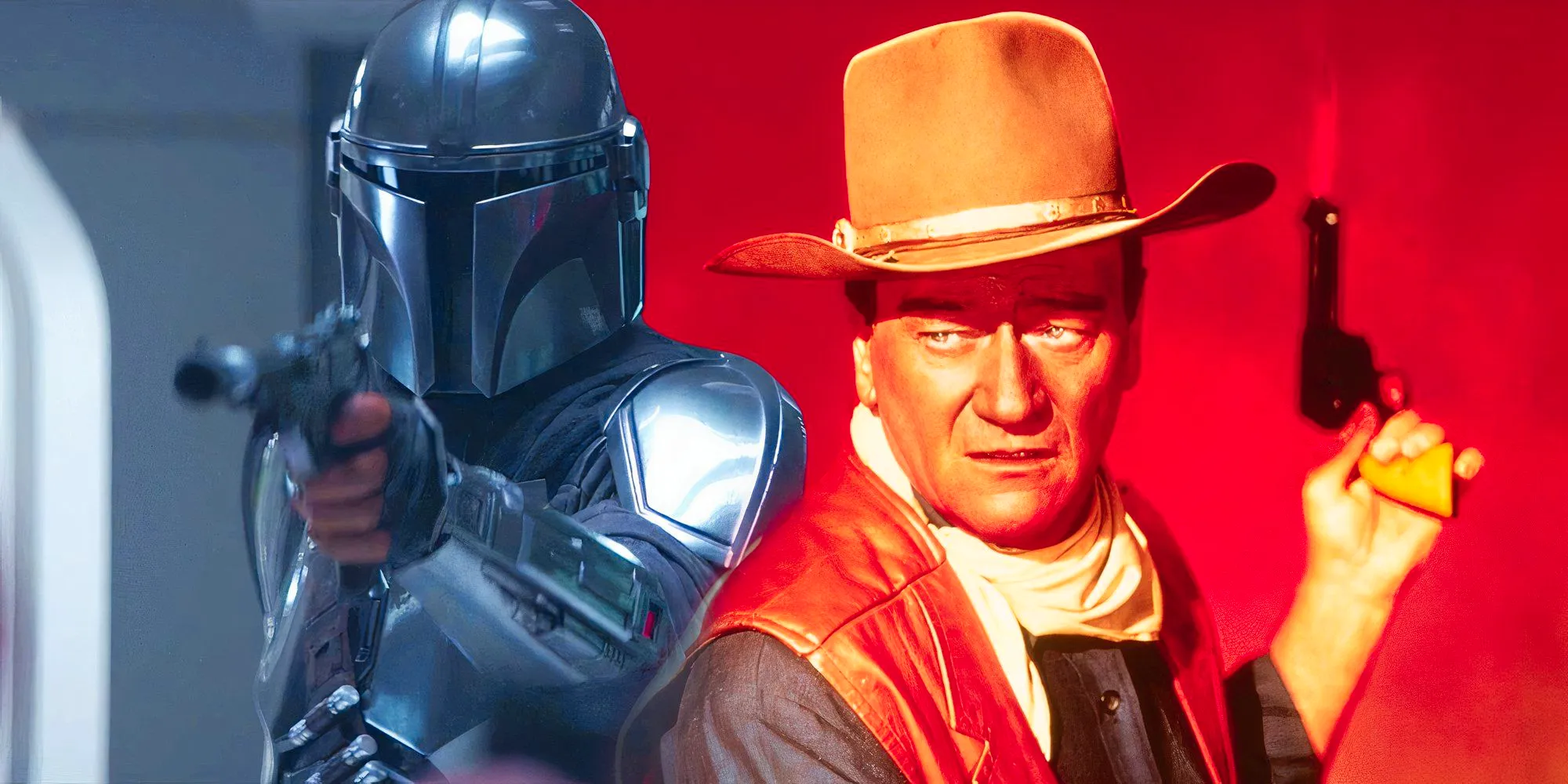 John Wayne next to Din Djarin, both holding guns, in The Mandalorian Image