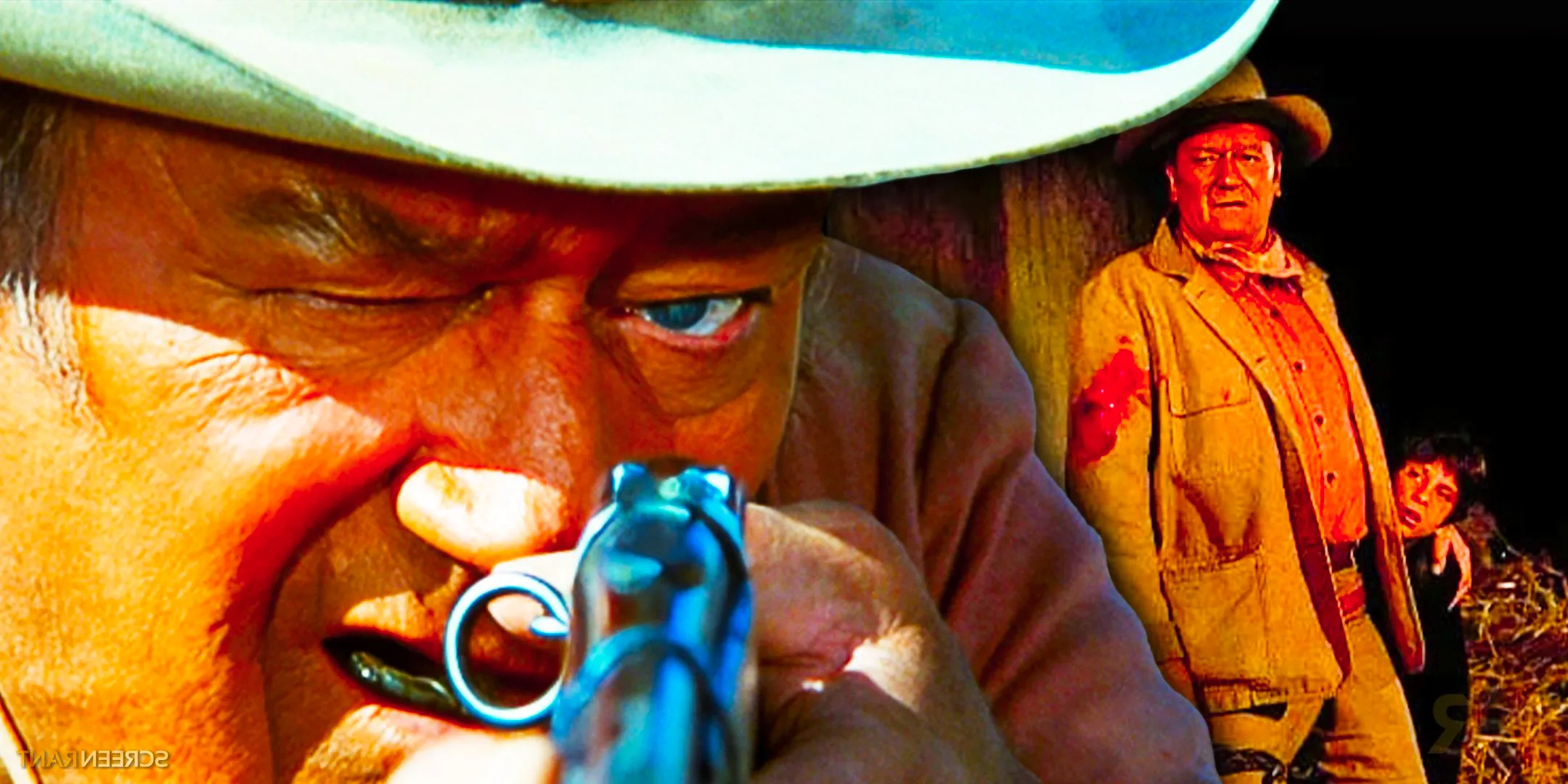 John Wayne with a bloody bullet hole on his arm and Wayne pointing a rifle as Big Jake Image