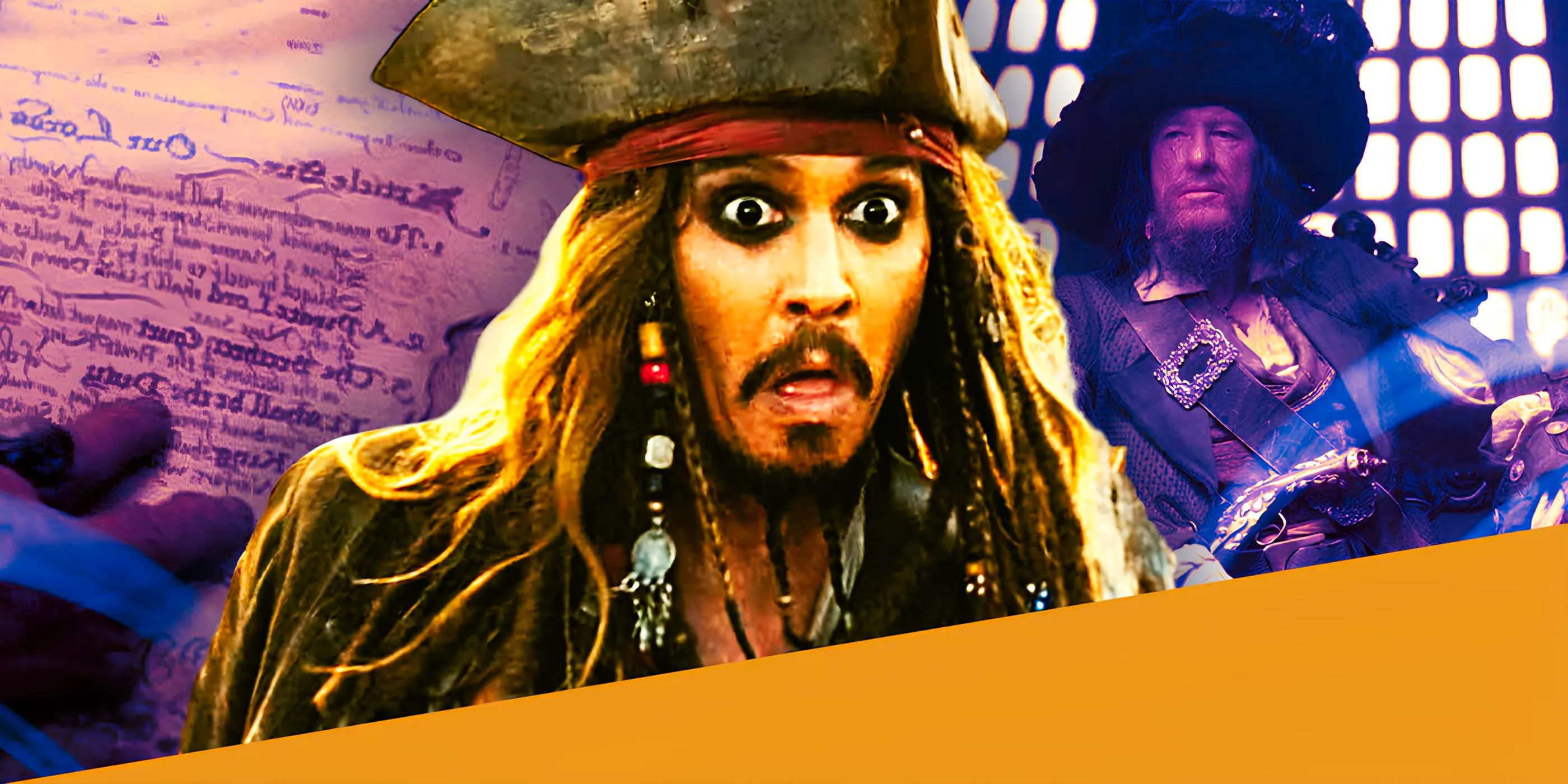 Johnny Depp as Captain Jack Sparrow with Geoffrey Rush as Barbossa in Pirates of the Caribbean Next to a Scroll Image