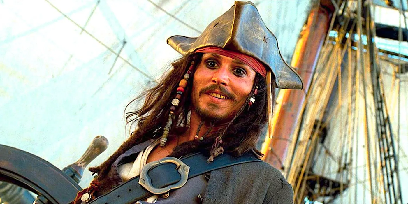 Johnny Depp as Jack Sparrow Grins as He Looks Down at His Ship's Crew in Pirates of the Caribbean: The Curse of the Black Pearl's Ending Image