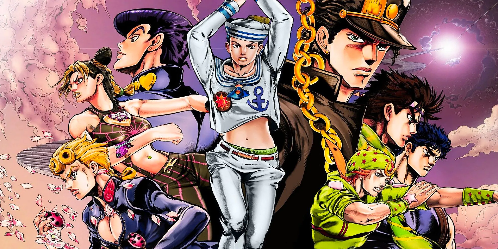 JoJo's Bizarre Adventure: Eyes of Heaven art featuring all of the Jojos in various states of action behind Part 8 Josuke. Image