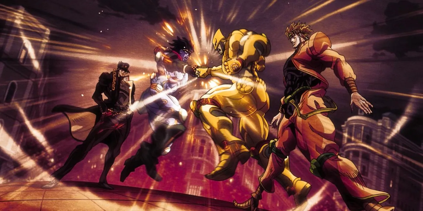 Jojo's Bizarre Adventure's Dio & Jotaro have their stands clash in the middle of a city. Image