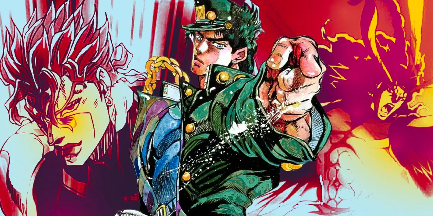 JoJo's Bizarre Adventure's Jotaro Pointing with Kars and Dio bursting in colors. Image