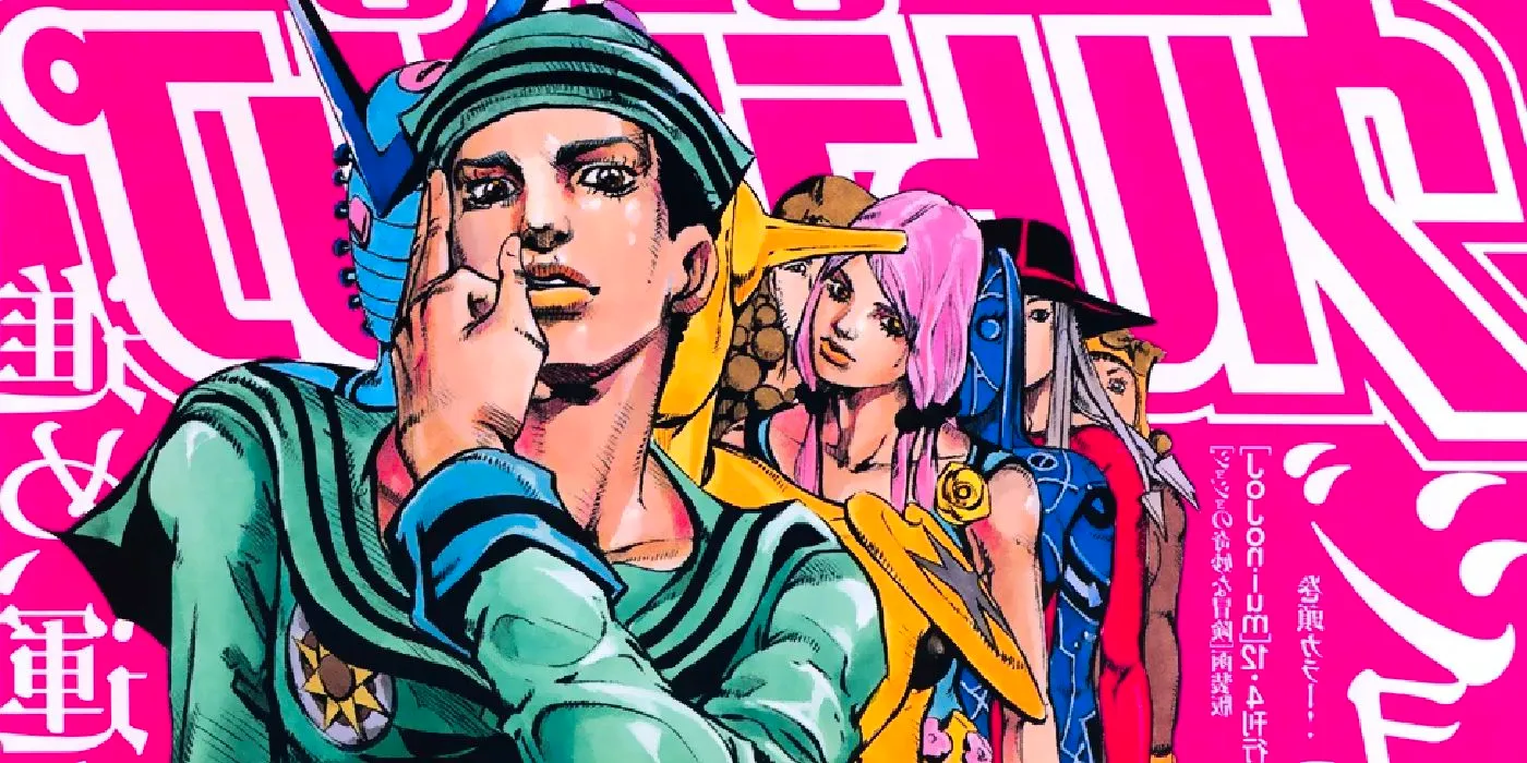 JoJo's Bizarre Adventures' Part 8 Josuke standing in front of a line with other characters from Part 8 on a pink background. Image