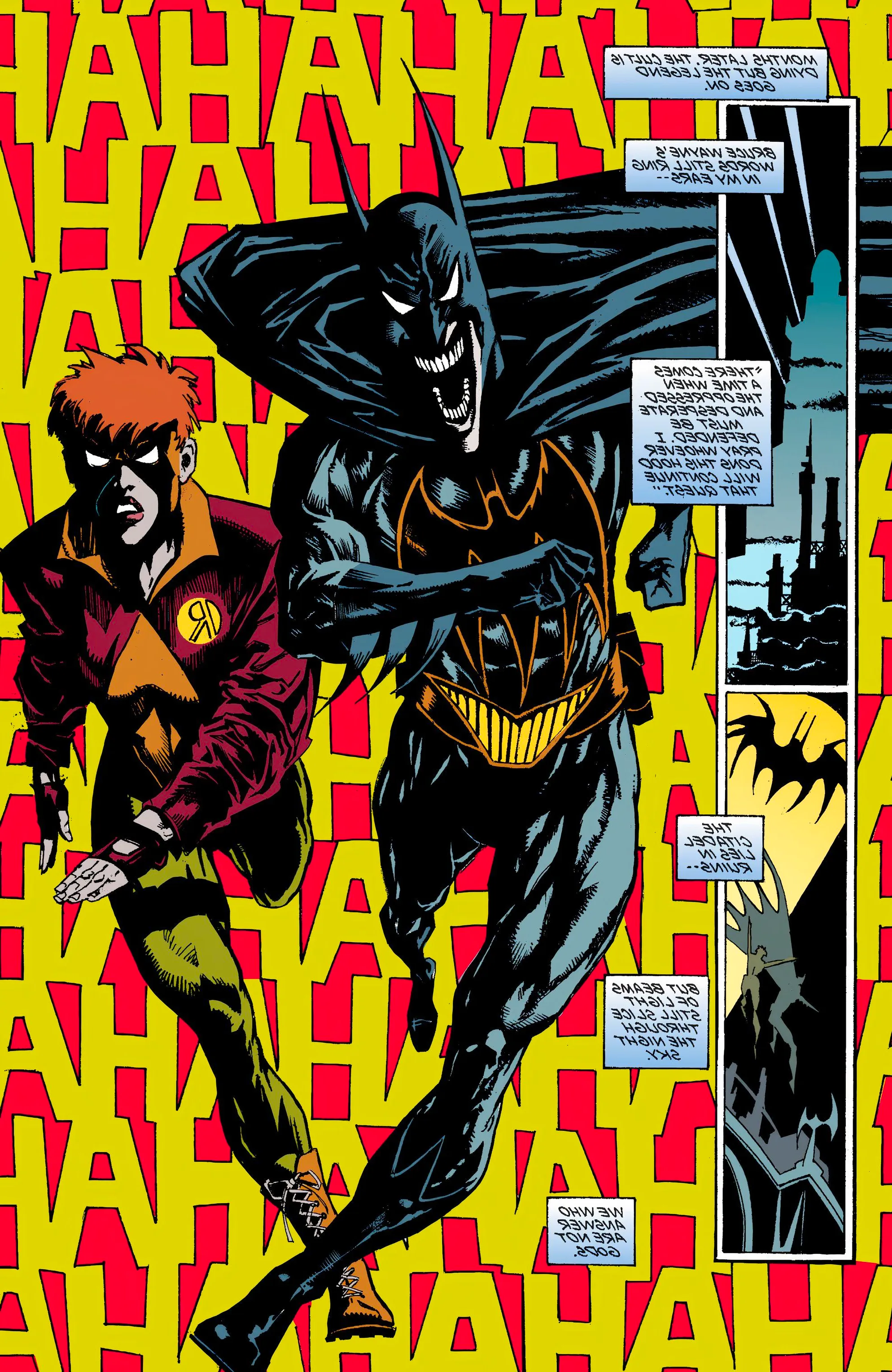 Joker Batman and his Robin running towards the viewer with HAHA stylistically written all over the background Image