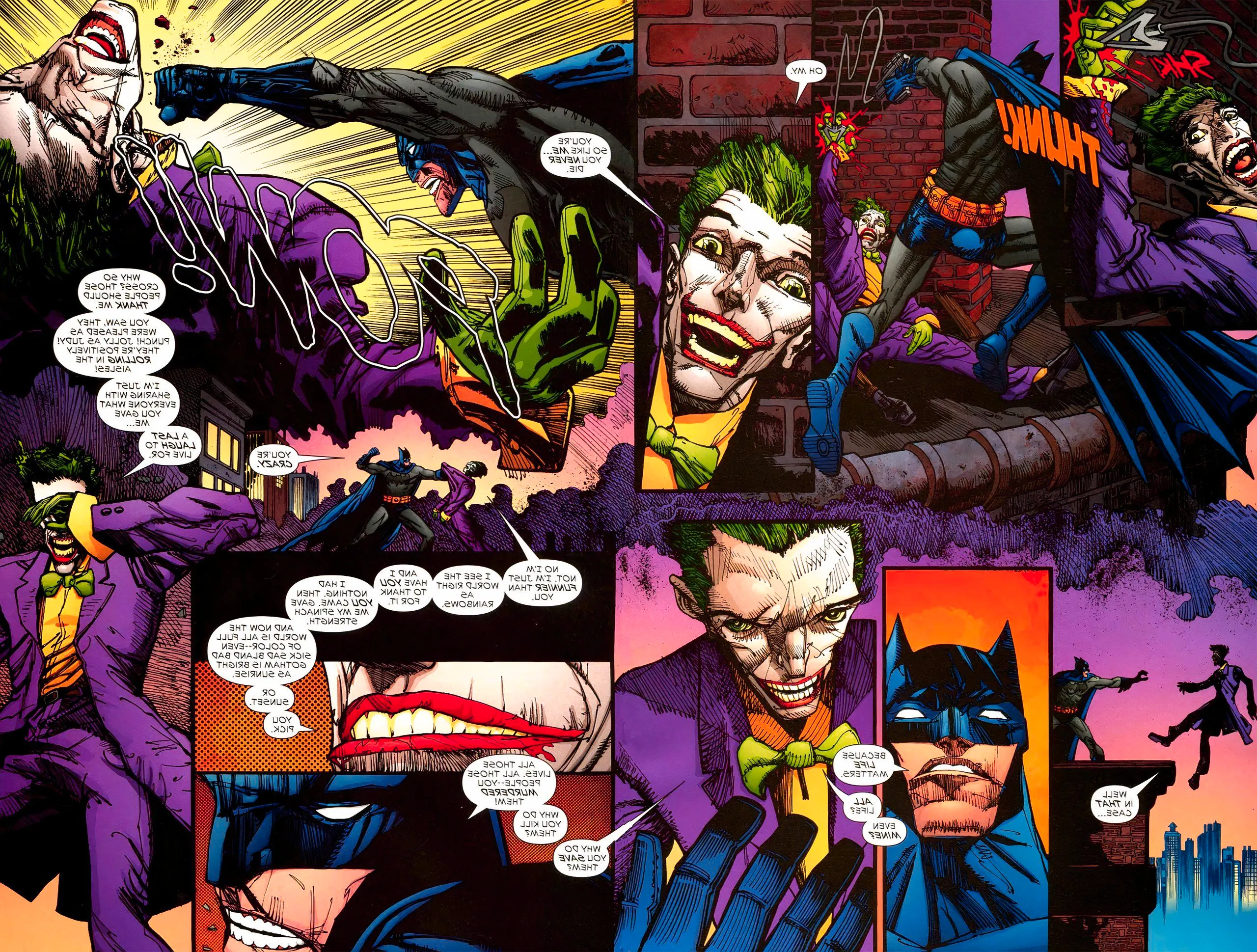 Joker fights Batman on a rooftop across a splash page Image