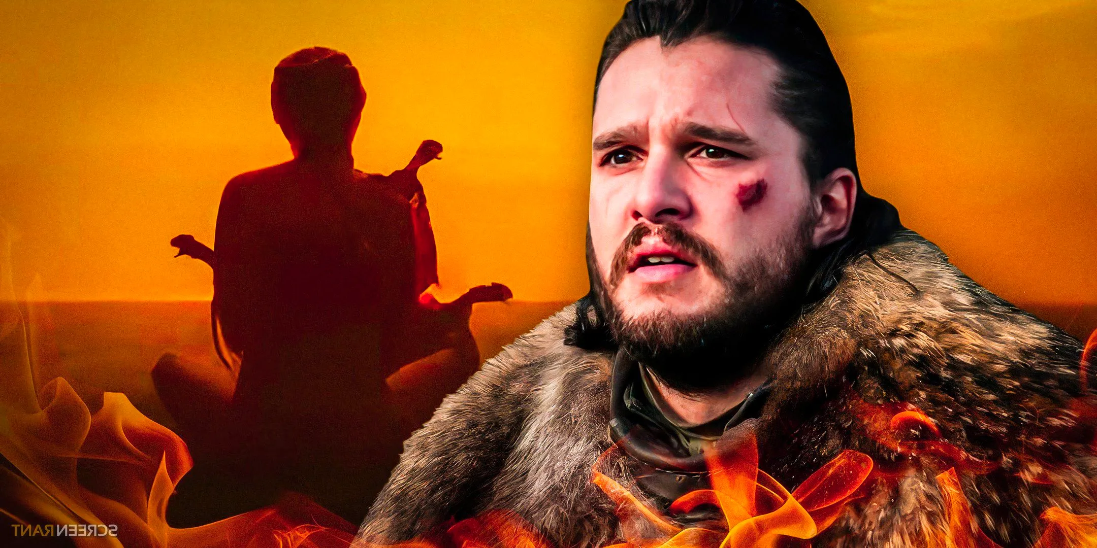 Jon Snow (Kit Harington) in Game of Thrones season 8, and a vision of Daenerys in House of the Dragon season 2's finale Image