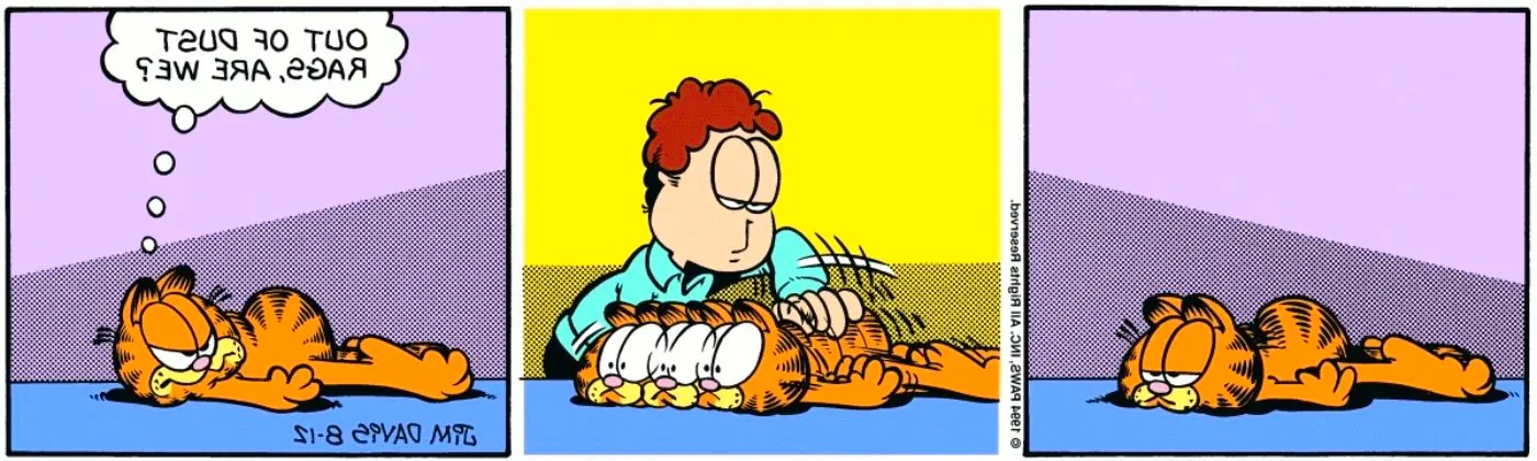 Jon using Garfield as a dust rag. Image