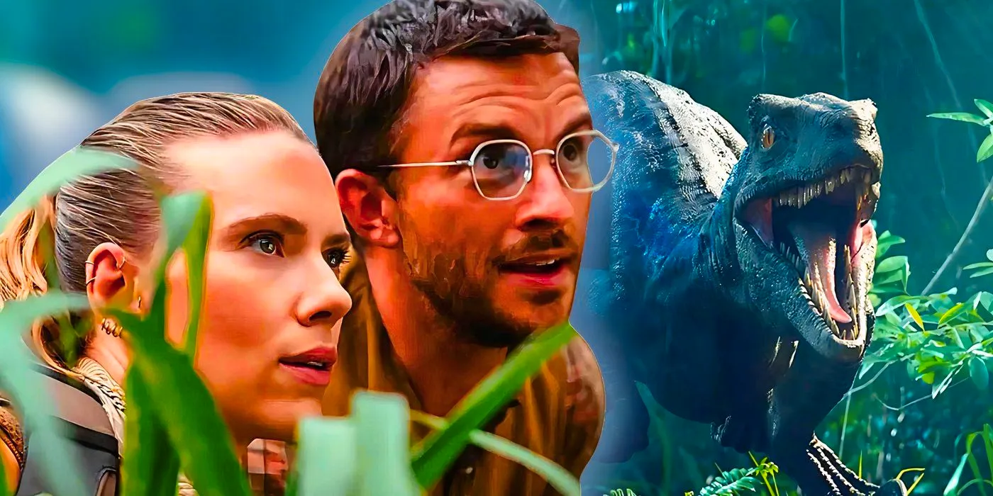 Jonathan Bailey and Scarlett Johansson in Jurassic World Rebirth still with a dinosaur behind them Image