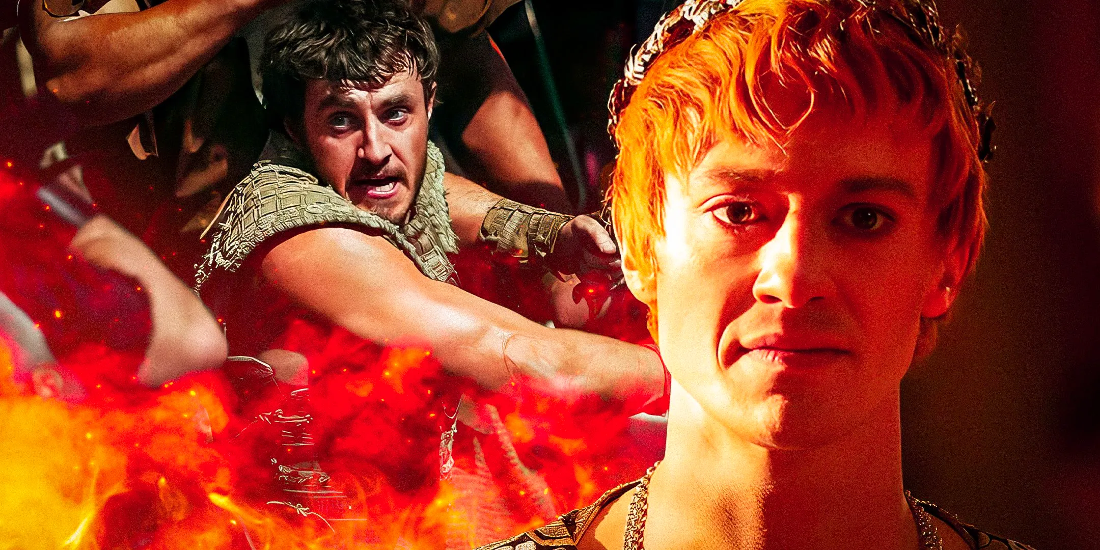 Joseph Quinn as Emperor Geta scowling and Paul Mescal as Lucius fighting against a fiery background in Gladiator II  Image