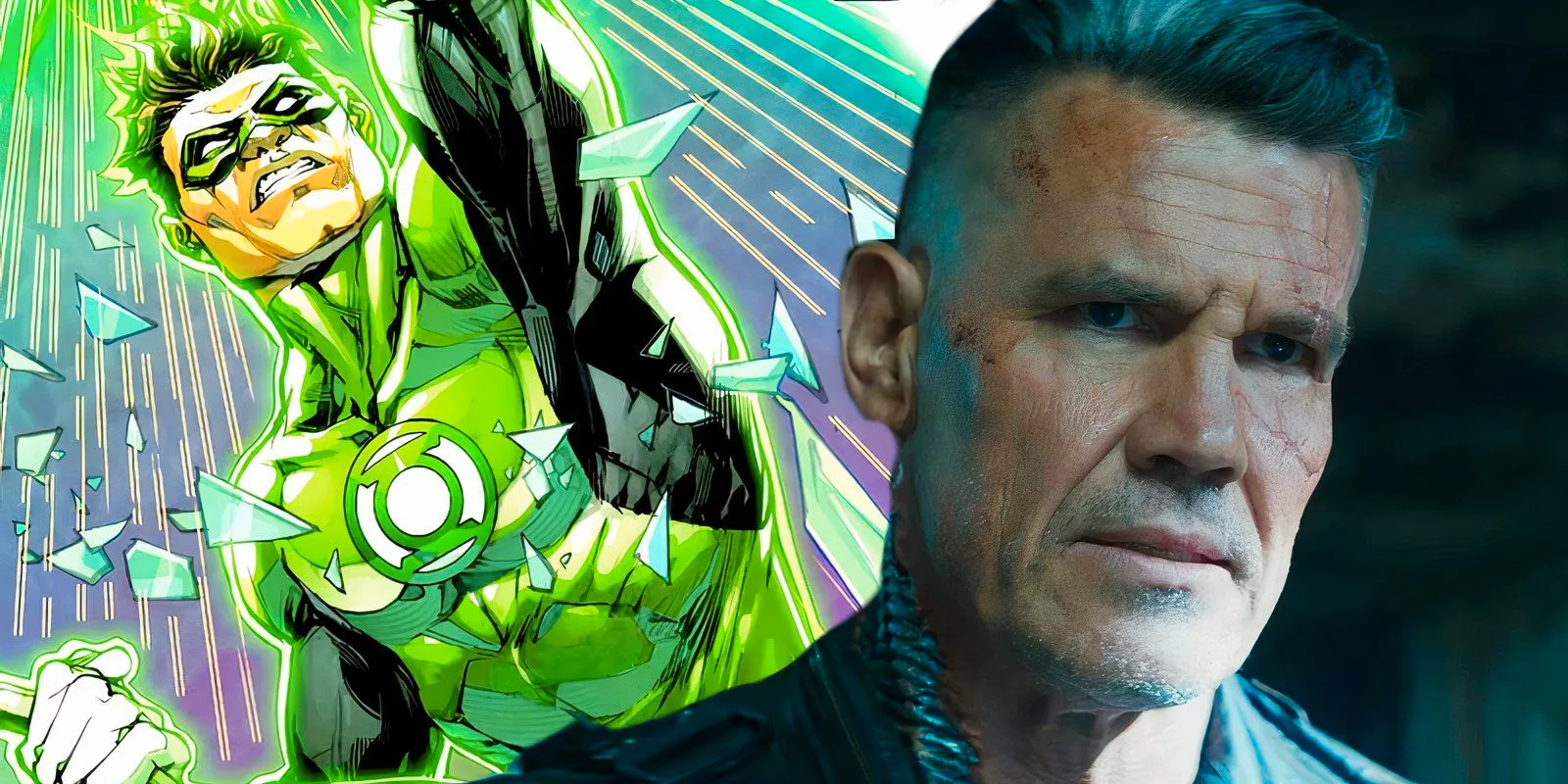 Josh Brolin speaks to Deadpool and Hal Jordan punches something as Green Lantern in DC Comics Image