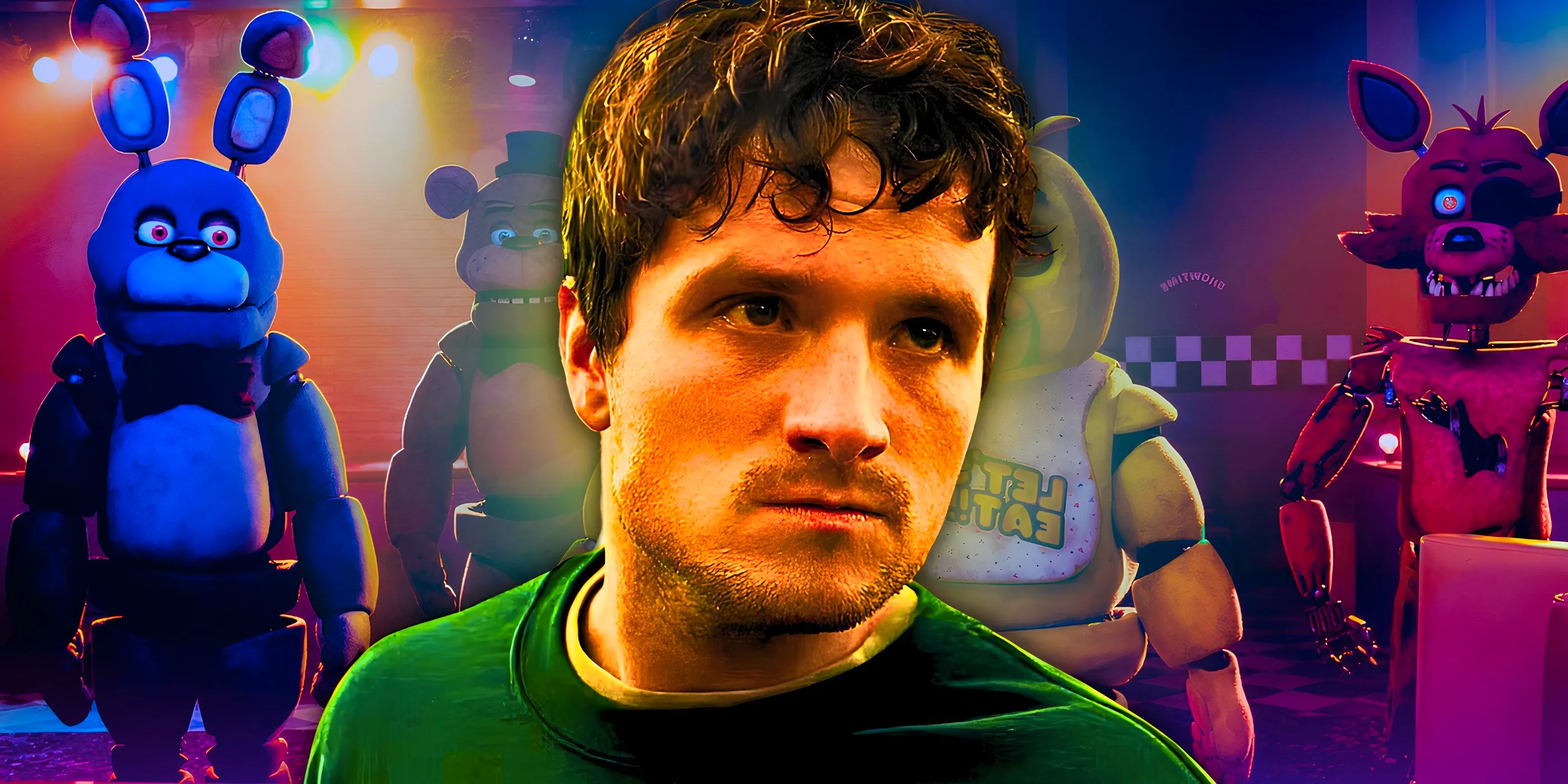 Josh Hutcherson as Mike looking distraught in the FNAF movie with the classic Five Nights at Freddy's animatronics looming behind him Image