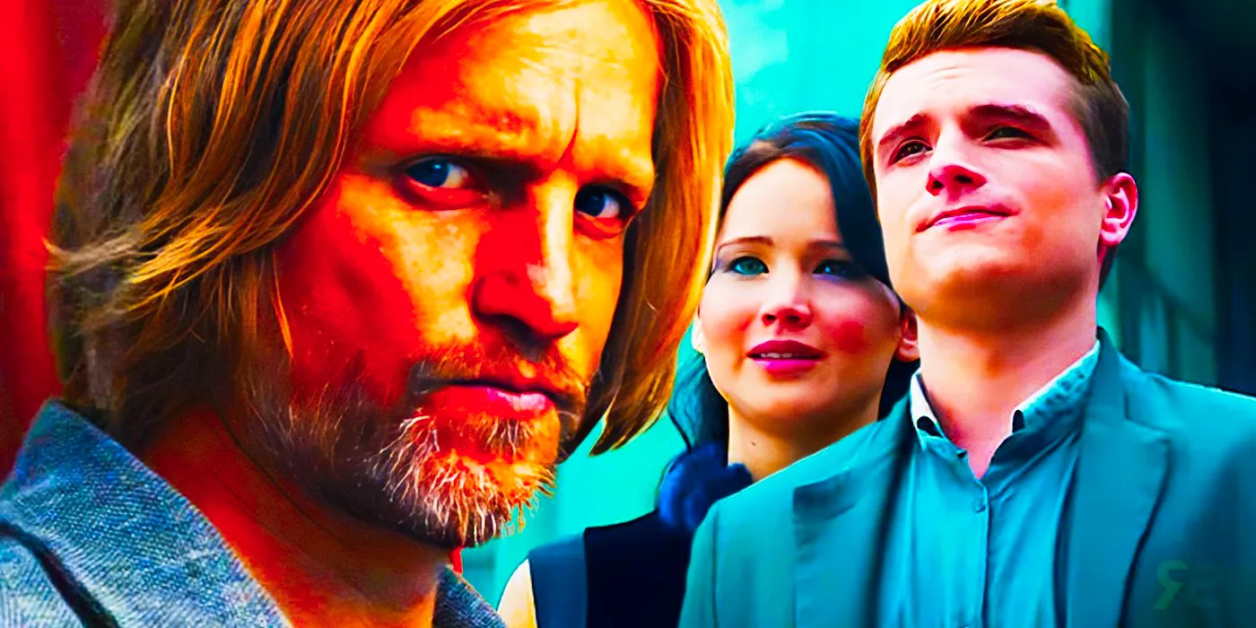 Josh Hutcherson as Peeta Mellark, Jennifer Lawrence as Katniss Everdeen, and Woody Harrelson as Haymitch Abernathy in The Hunger Games: Catching Fire. Image