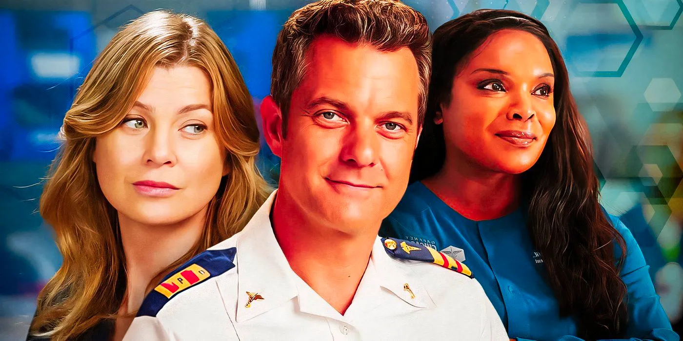 Joshua Jackson as Max in Doctor Odyssey (in the middle of the graphic would be ideal), Ellen Pompeo as Meredith in Grey's Anatomy, and Marlyne Barrett as Maggie in Chicago Med. Image