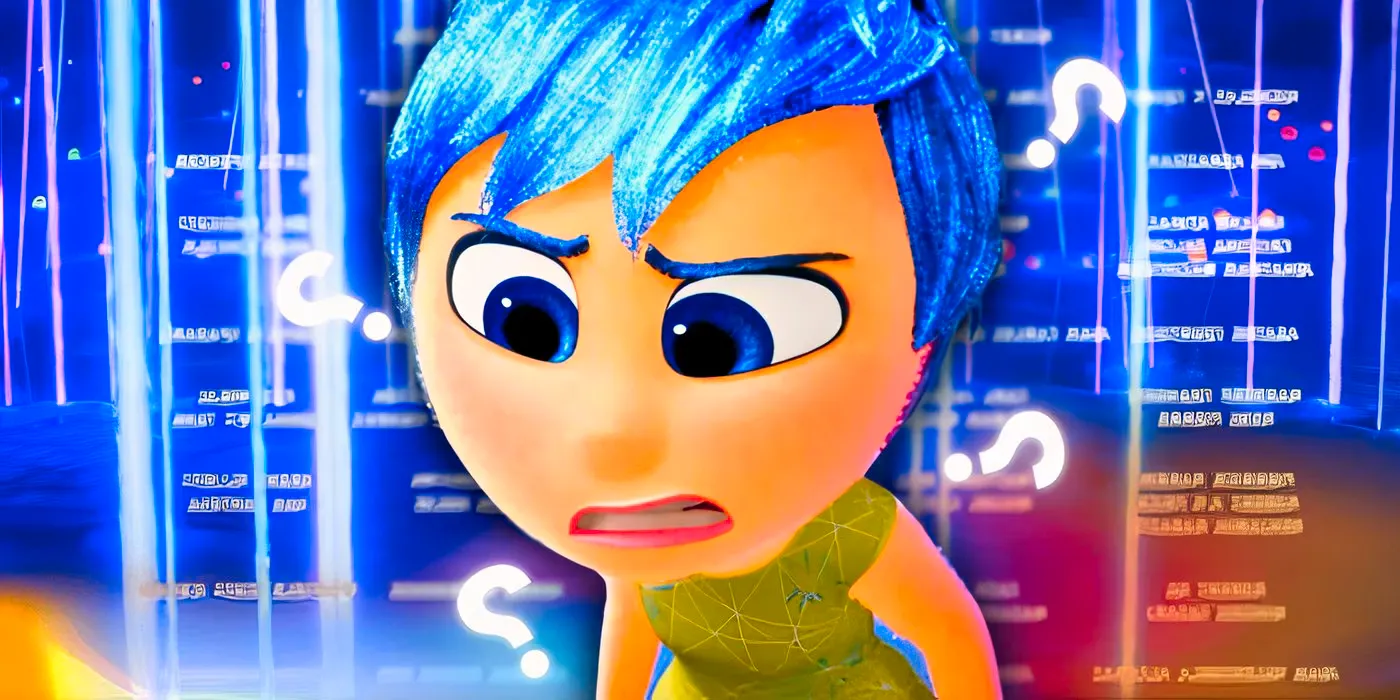 Joy looking confused in Inside Out 2 with credits behind her Image