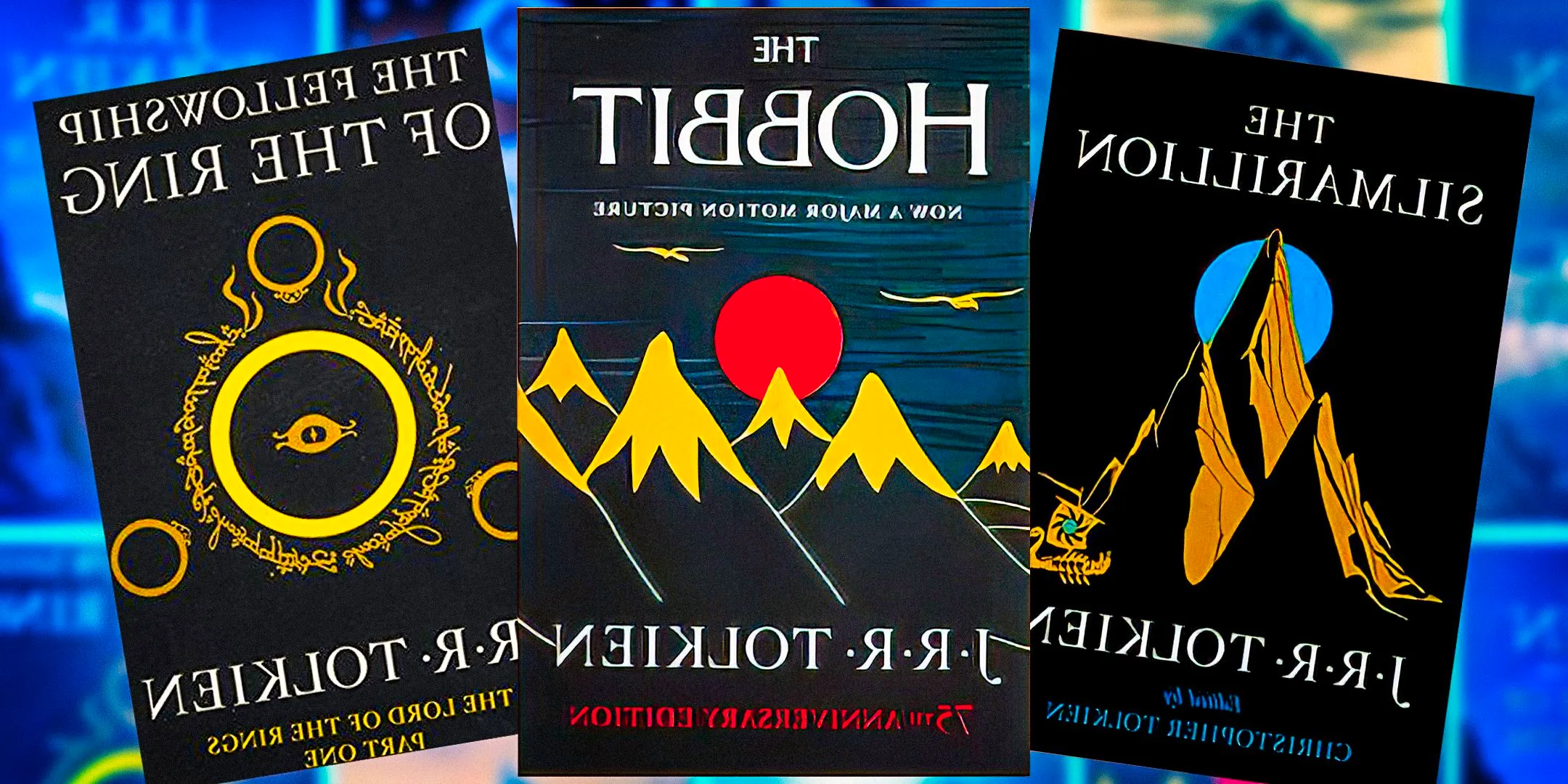 J.R.R Tolkien book covers including The Silmarillion, The Hobbit, and The Fellowship of the RIng Image