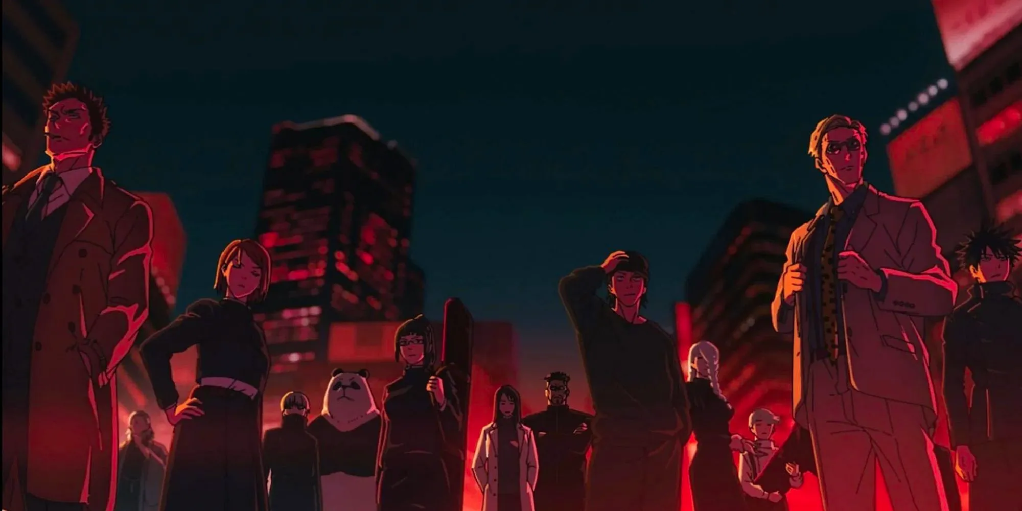 Jujutsu Kaisen's Shibuya Incident arc opening song visual featuring members of the main and supporting cast. Image